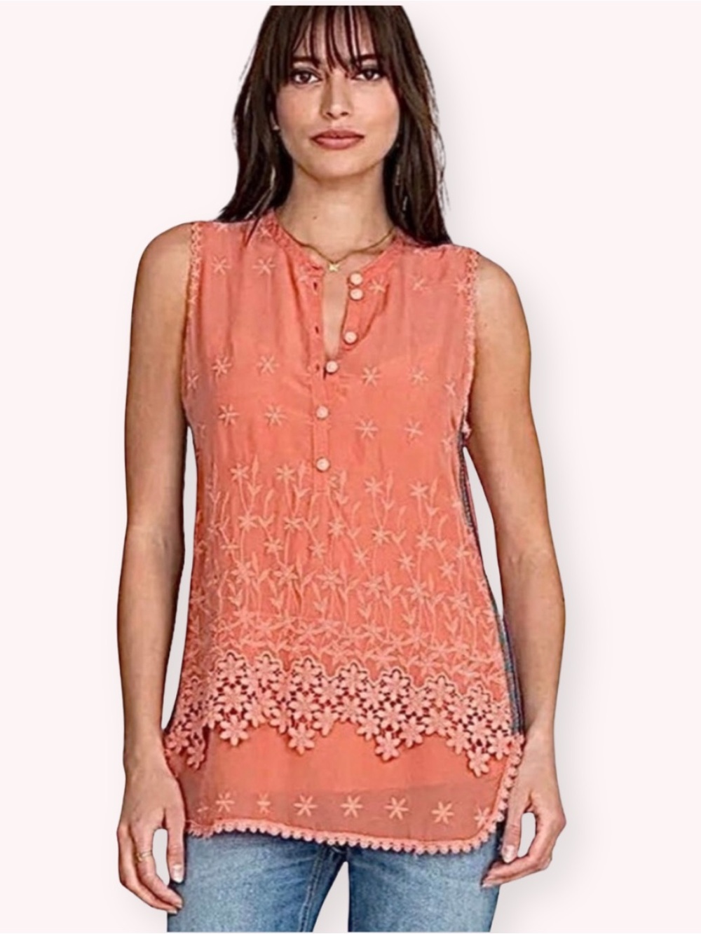 Johnny Was Malin Coral Floral Embroidered Boho Tank Top Size Medium Lace Hem